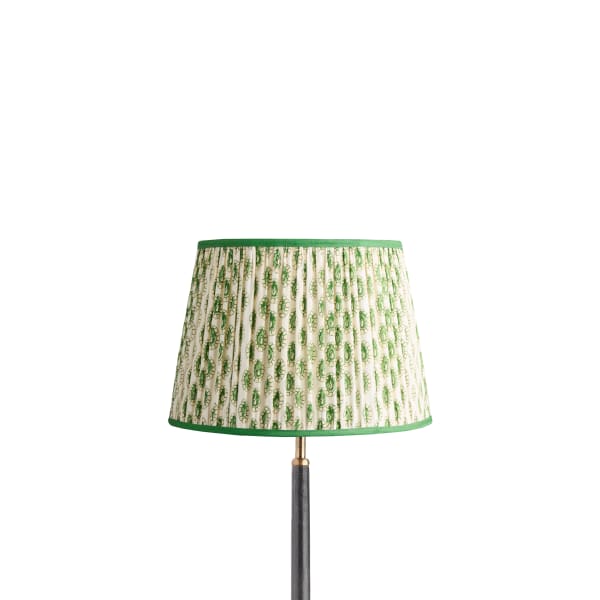 12 inch straight empire reversible gimbal shade in green and white block printed Dotty gathered cotton by GP & J Baker