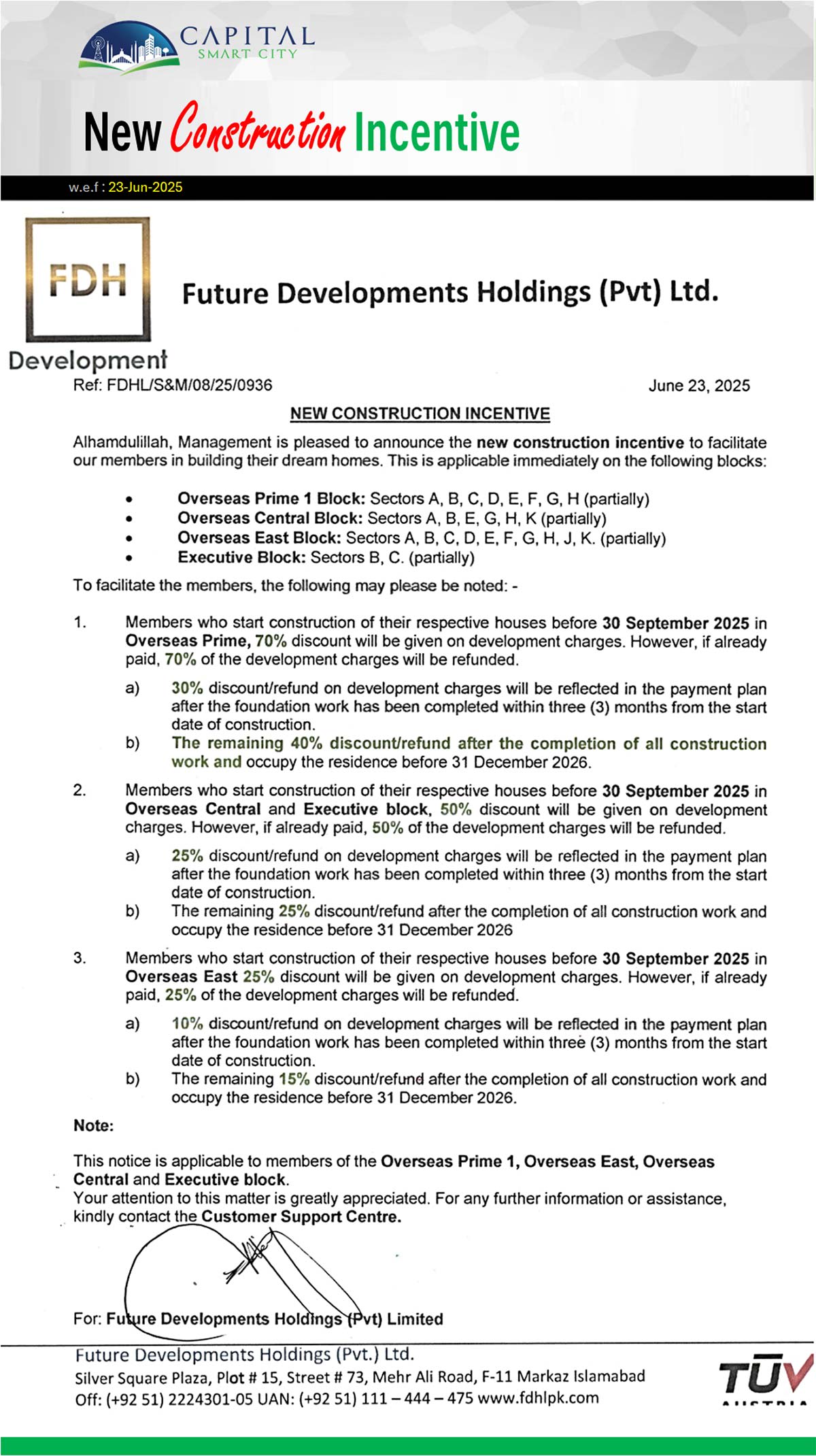 New CONSTRUCTION INCENTIVE