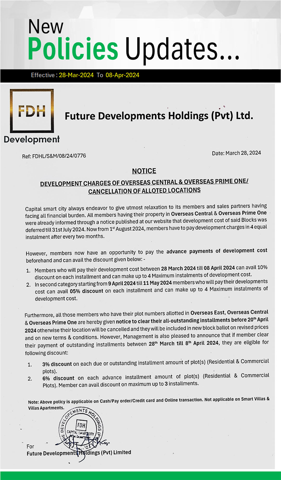 New Policies for Discounts, Development Charges & Cancellation of Alloted Locations