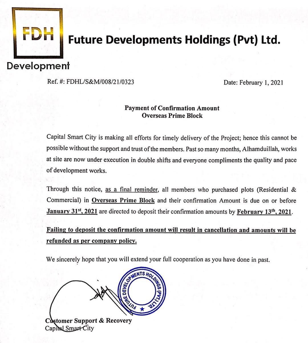 Payment of Confirmation Amount - Overseas Prime Block