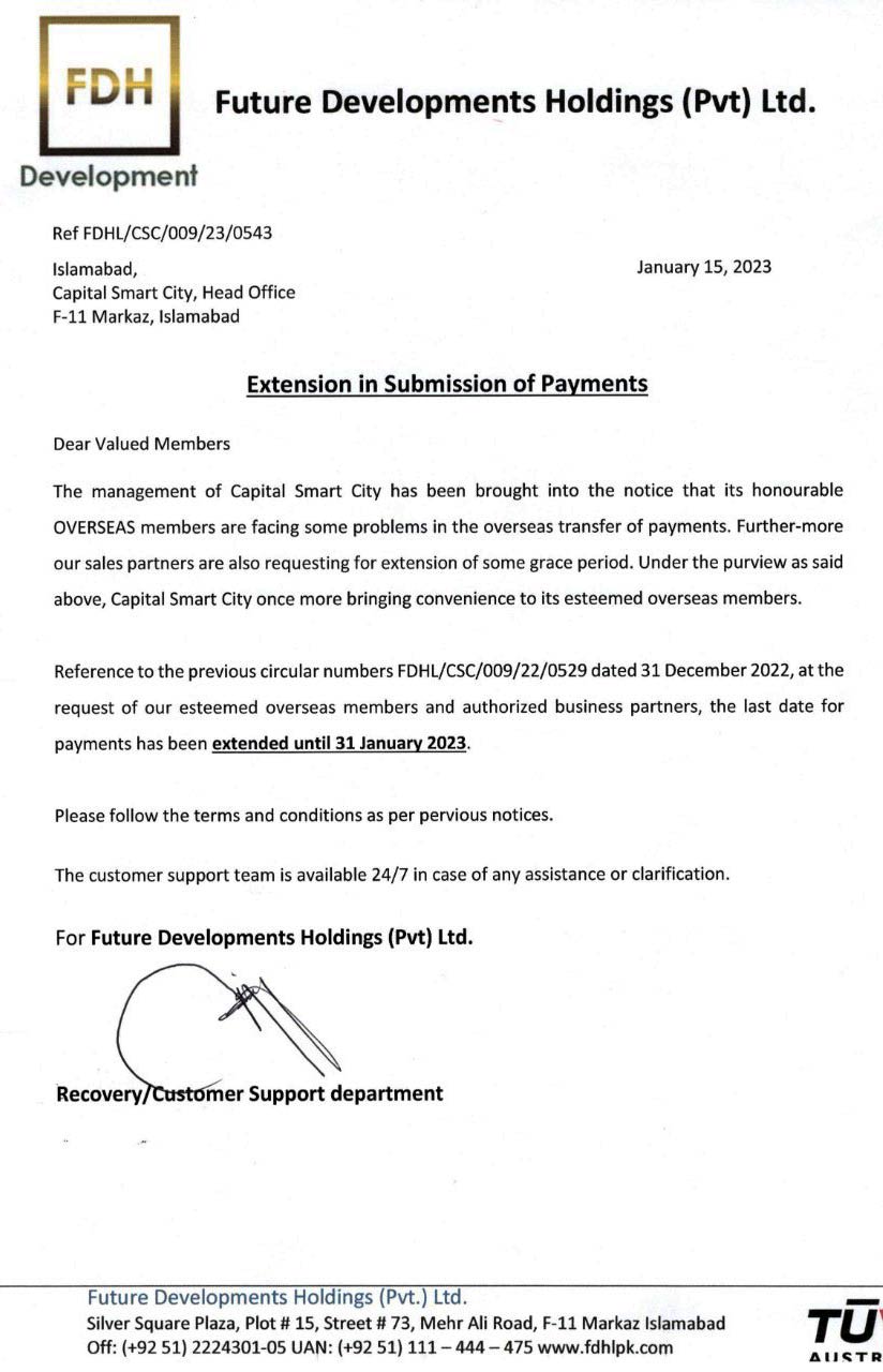 Extension in Submission of Payments
