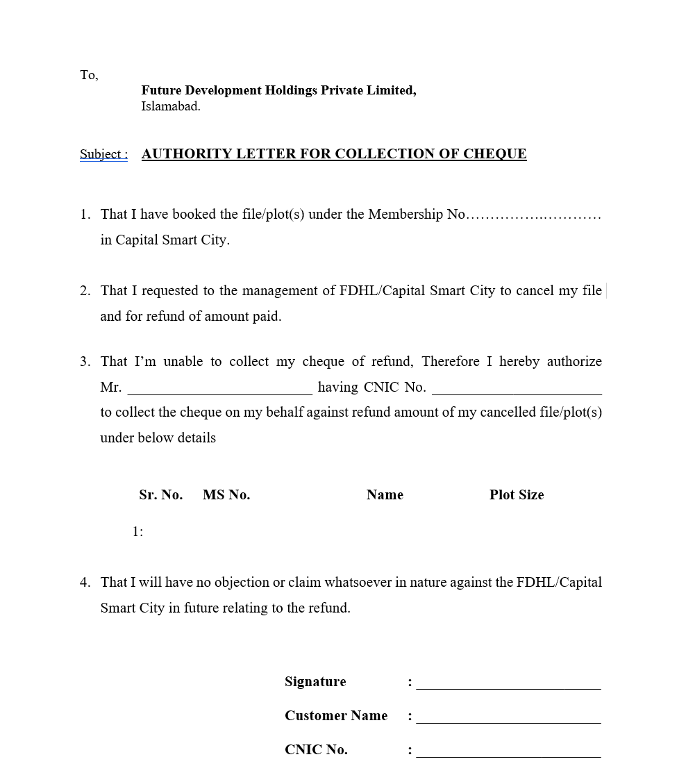 Authority Letter for Collection of Cheque
