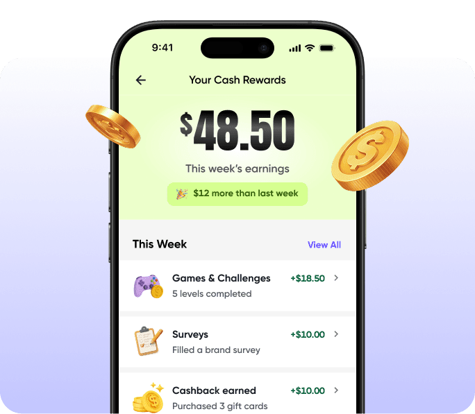 Beem app showing $48.50 in cash rewards from games, surveys, and cashback