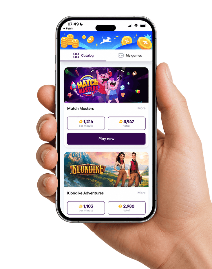 Hand holding iPhone with Beem Arcade game catalog