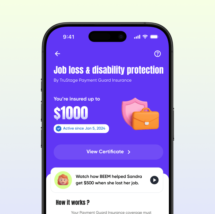 Beem app — choose a plan with job loss coverage