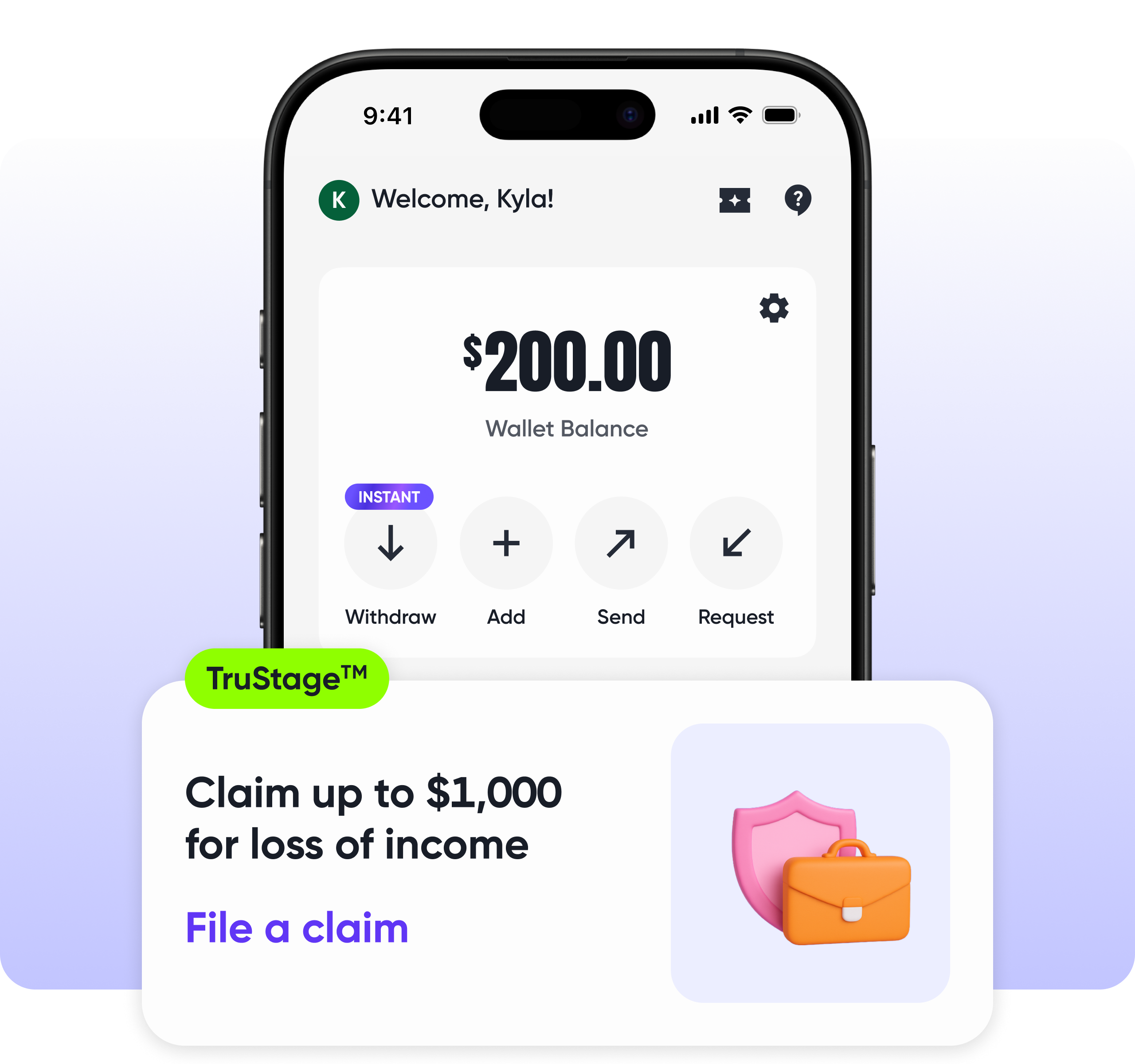 Beem app wallet with TruStage claim card for job loss coverage