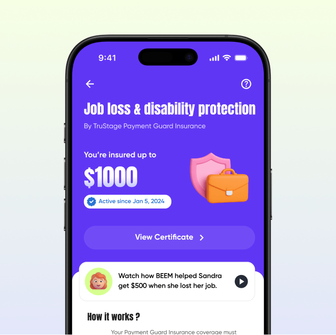 Beem app — choose a plan with job loss coverage