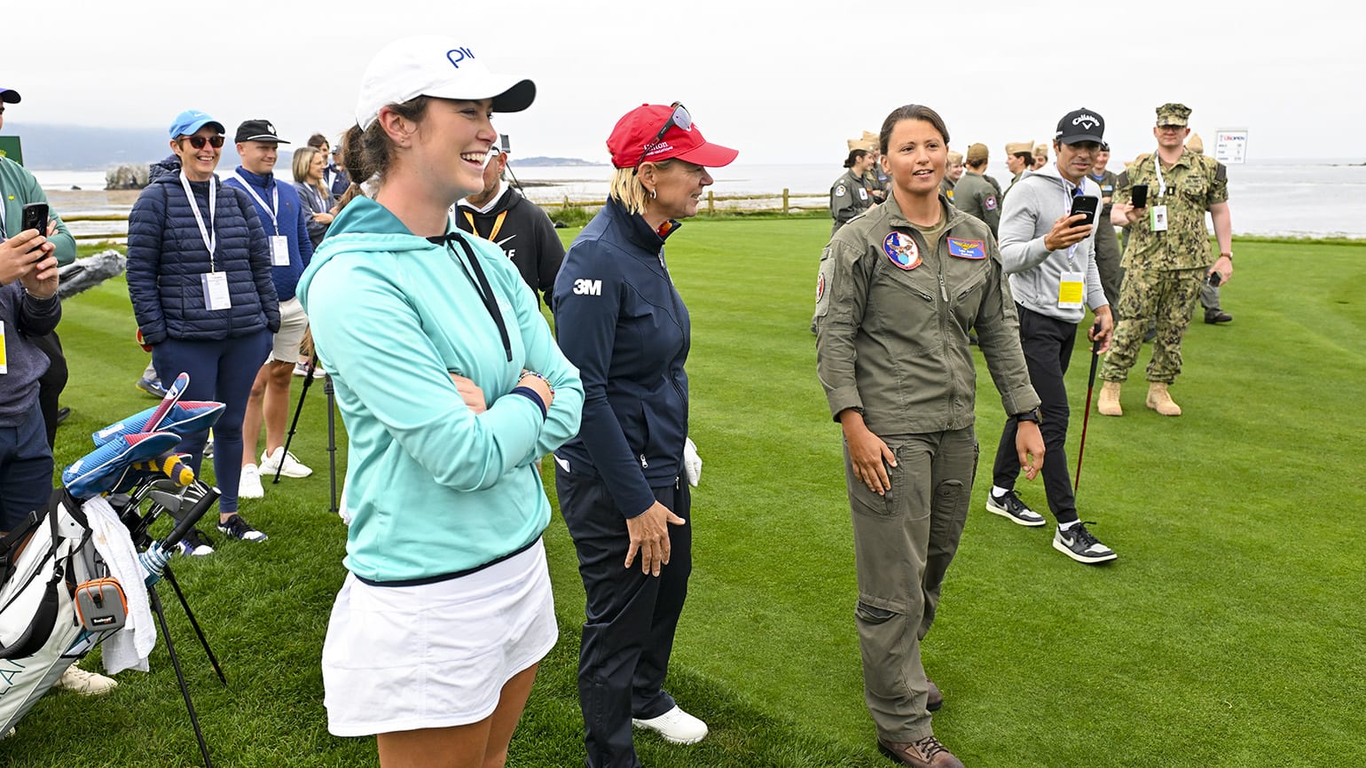 Three-time U.S. Women's Open champion and World Golf Hall of Famer Annika Sorenstam (center) played a Tuesday practice round with Aine Donegan and later congratulated the Irishwoman on her stellar play in Round 1 at Pebble Beach. (USGA/Kathryn Riley)