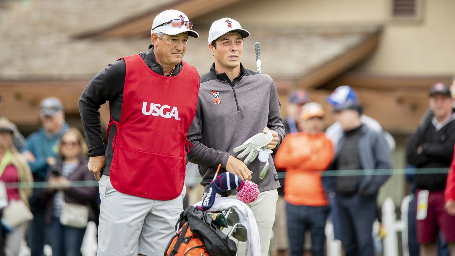 Oklahoma State coach Alan Bratton (left) has twice caddied for Cowboys who have won the U.S. Amateur, including Viktor Hovland in 2018. (USGA/Chris Keane)