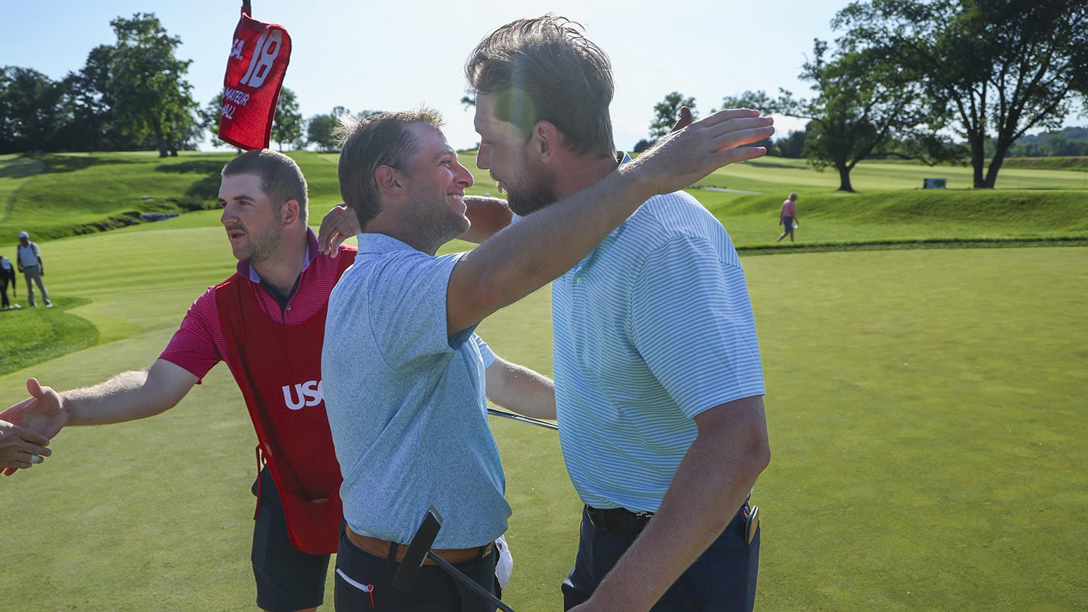 After failing to qualify for match play in their first two U.S. Amateur Four-Ball starts, Mike Smith (left) and Will Davenport find themselves in the semifinals of the 2024 edition at Philadelphia Cricket Club. (USGA/Jonathan Ernst)