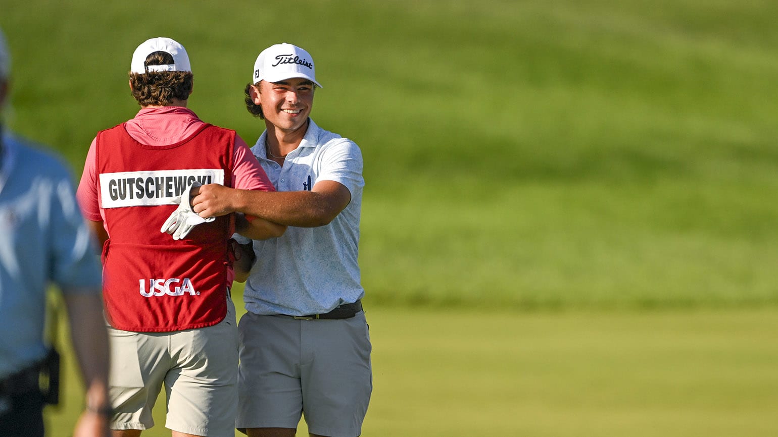 Trevor Gutschewski and his longtime buddy/caddie, Jackson Benge, had plenty to celebrate on Saturday, including an eagle 2 on No. 6. (USGA/Logan Whitton)
