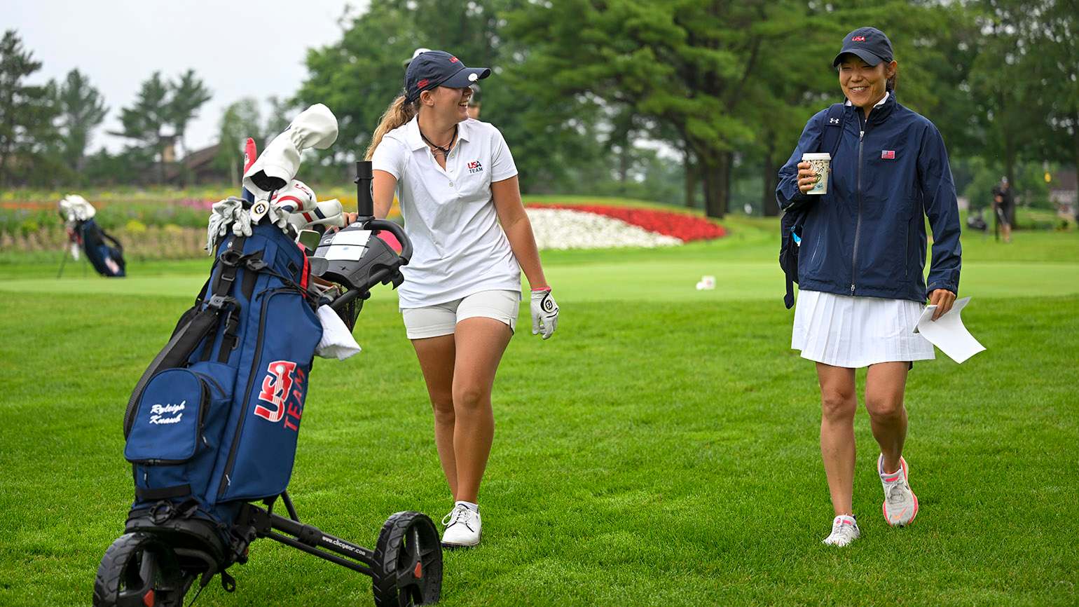 Ryleigh Knaub and Tiffany Joh at SentryWorld during the U.S. National Junior Team's international friendly against Australia in the summer of 2024. (USGA/Logan Whitton)