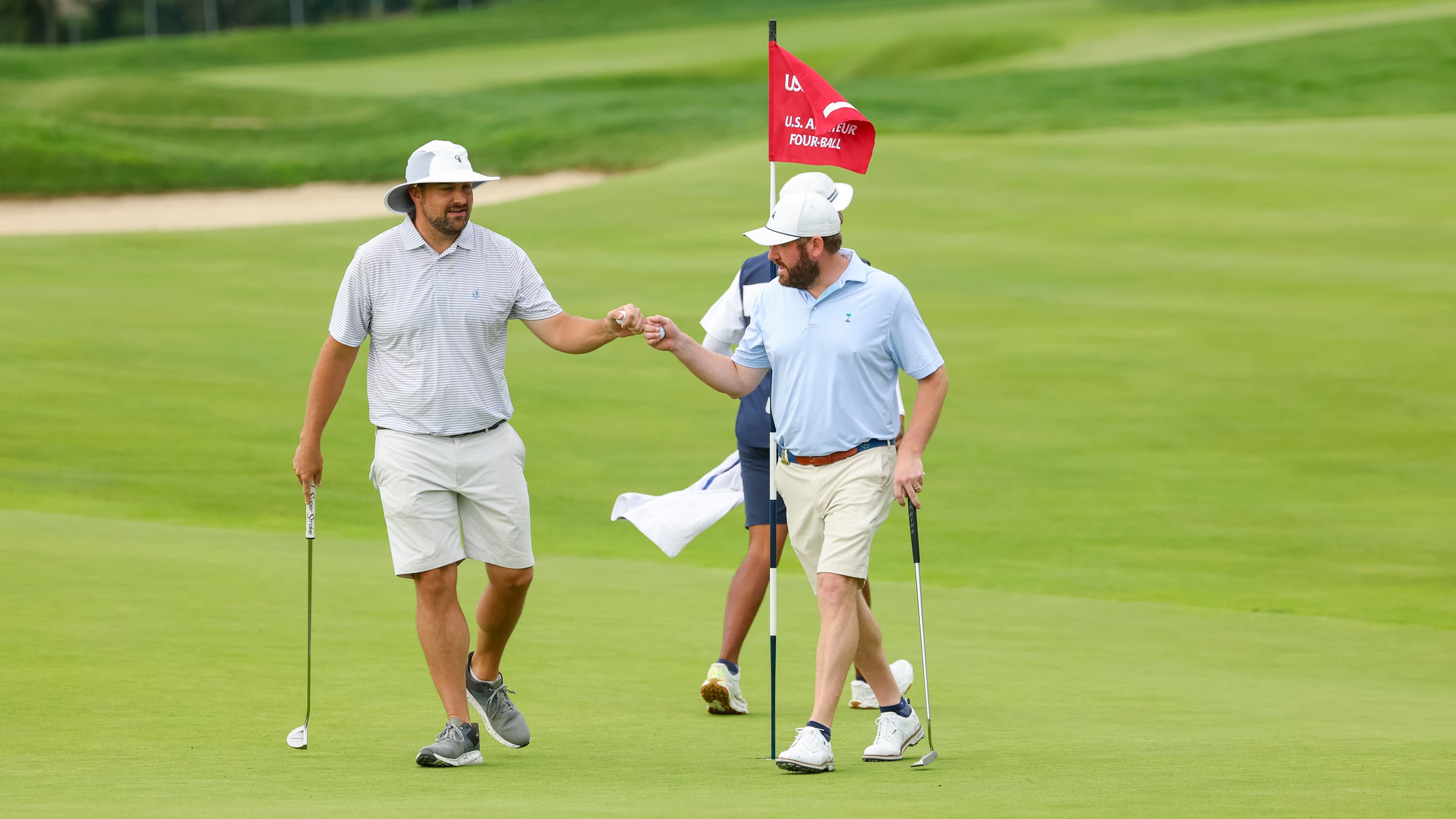 Brent Whitehead and Zach Capps during the first round of stroke play of the 2025 U.S. Amateur Four-Ball at Plainfield Country Club in Edison, N.J.