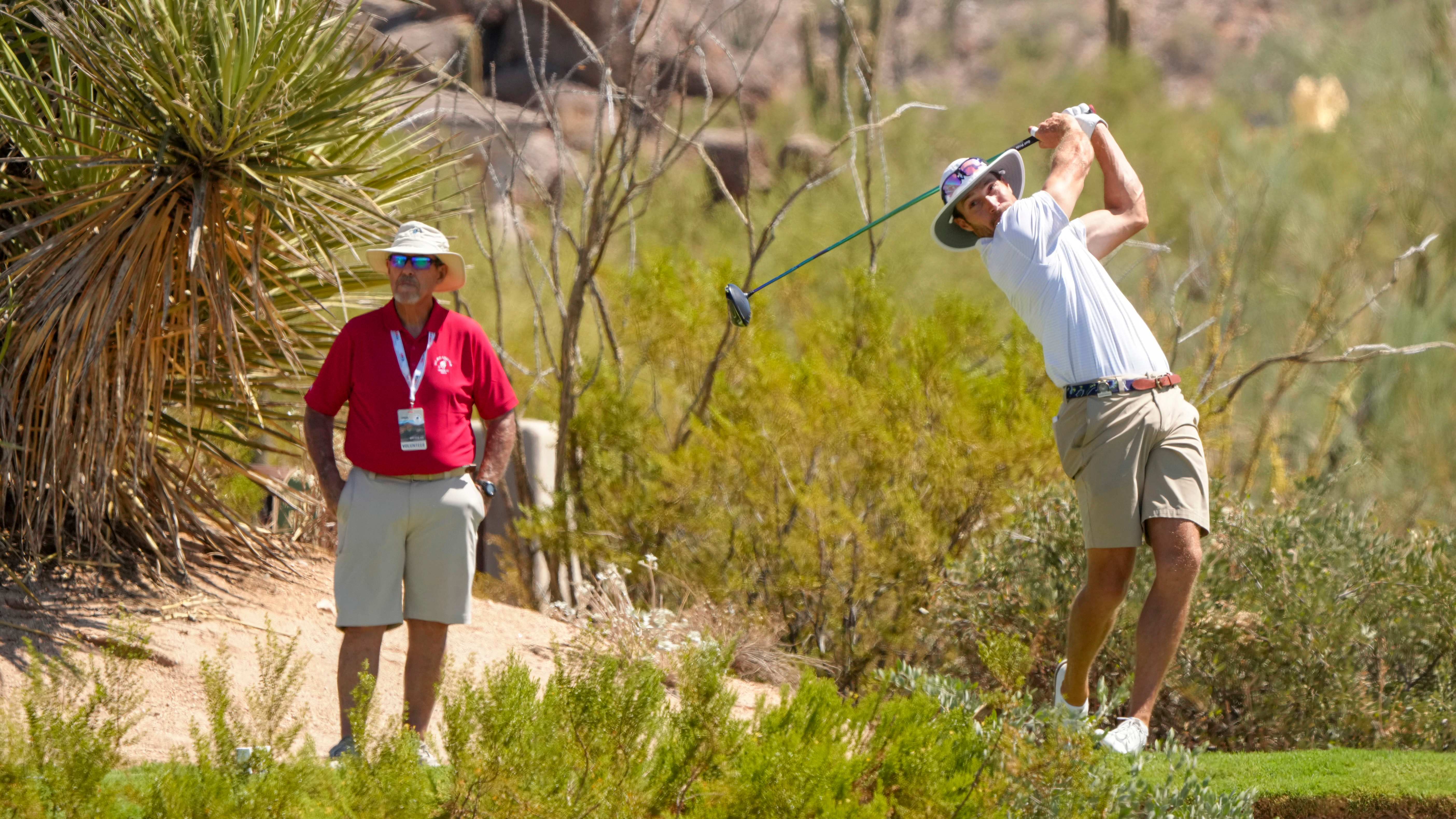 Bobby Massa, the 2024 runner-up, joined his older brother, Cody, in the Round of 32 after posting a 3-and-2 win over 2024 U.S. Senior Amateur champion Louis Brown at Troon Country Club on Monday. (USGA/Steve Gibbons)