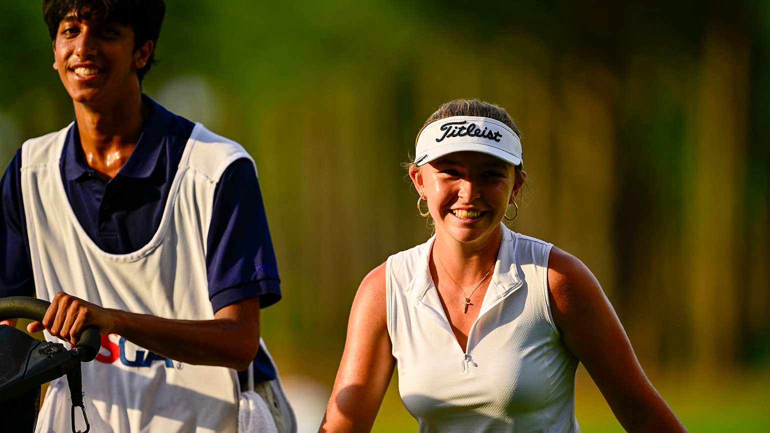Ella June Hannant, who is No. 1371 in the World Amateur Golf Ranking, outlasted the highest-ranked player in the field, No. 18 Anna Iwanaga, in 22 holes to reach the quarterfinals in her home state of North Carolina. (USGA/Logan Whitton)