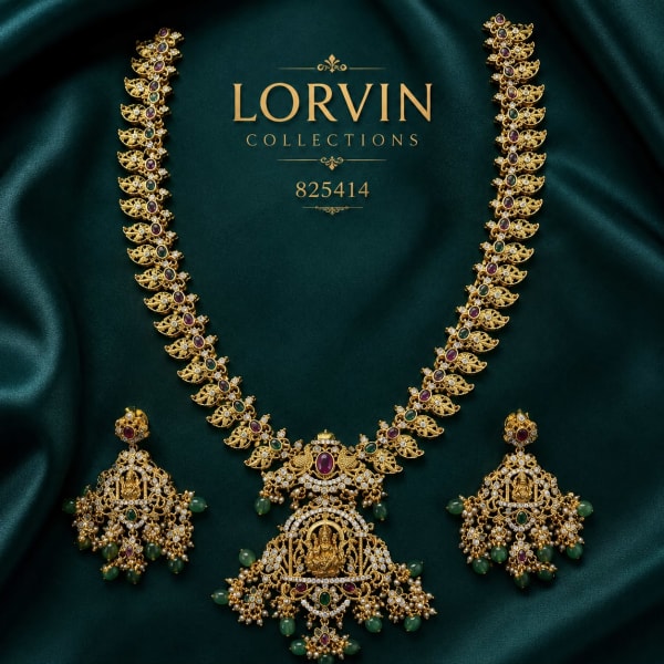 Antique Gold Lakshmi Mango Leaf Necklace Set – 825414