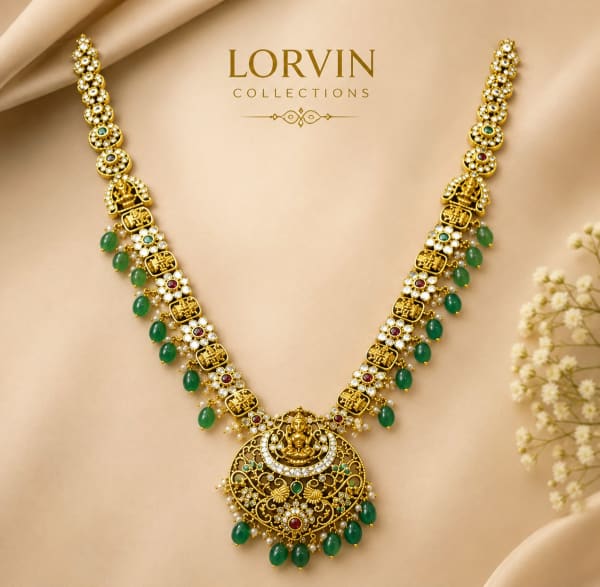 Antique Gold Lakshmi Emerald Drop Necklace Set – 824114