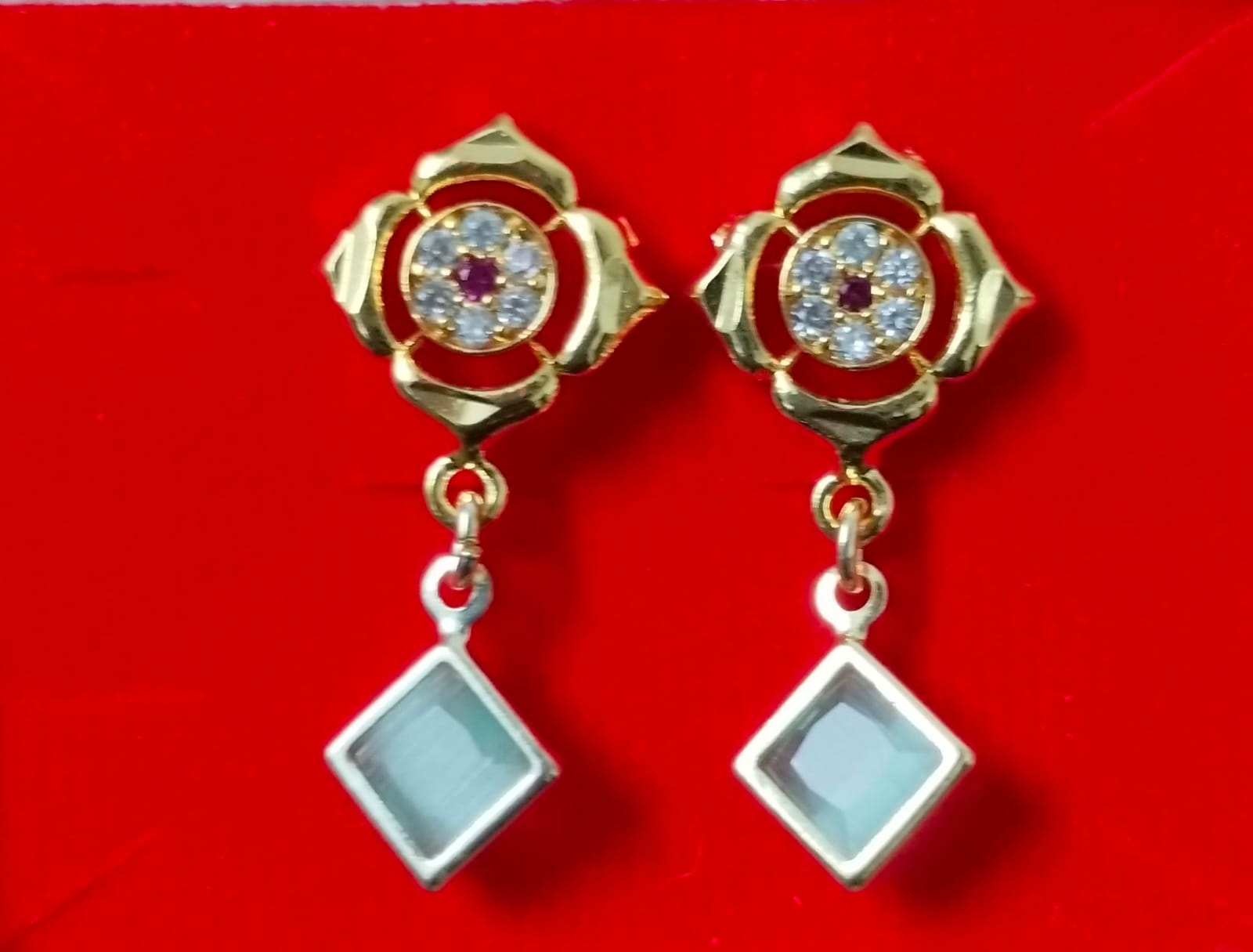 ✨ Floral Ruby and Blue Drop Earrings