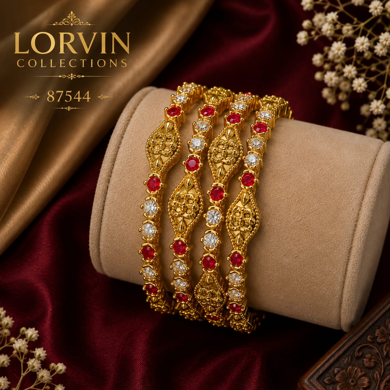 ✨ Royal Ruby Blossom Gold Plated Bangles - 87544