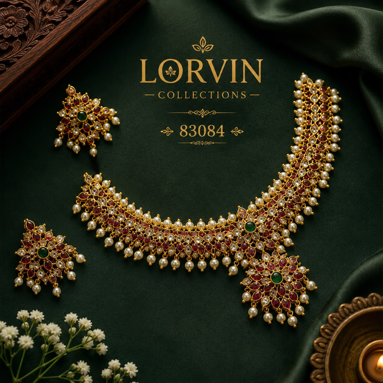 ✨ Royal Floral Kemp Pearl Necklace Set 83084