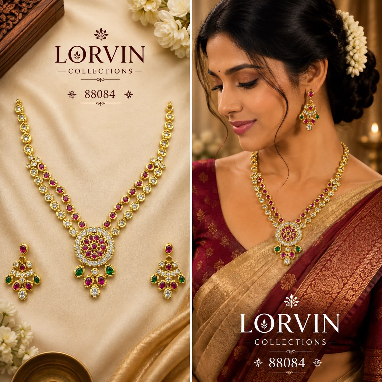 ✨ Radiant Ruby Emerald Layered Necklace Set 88084