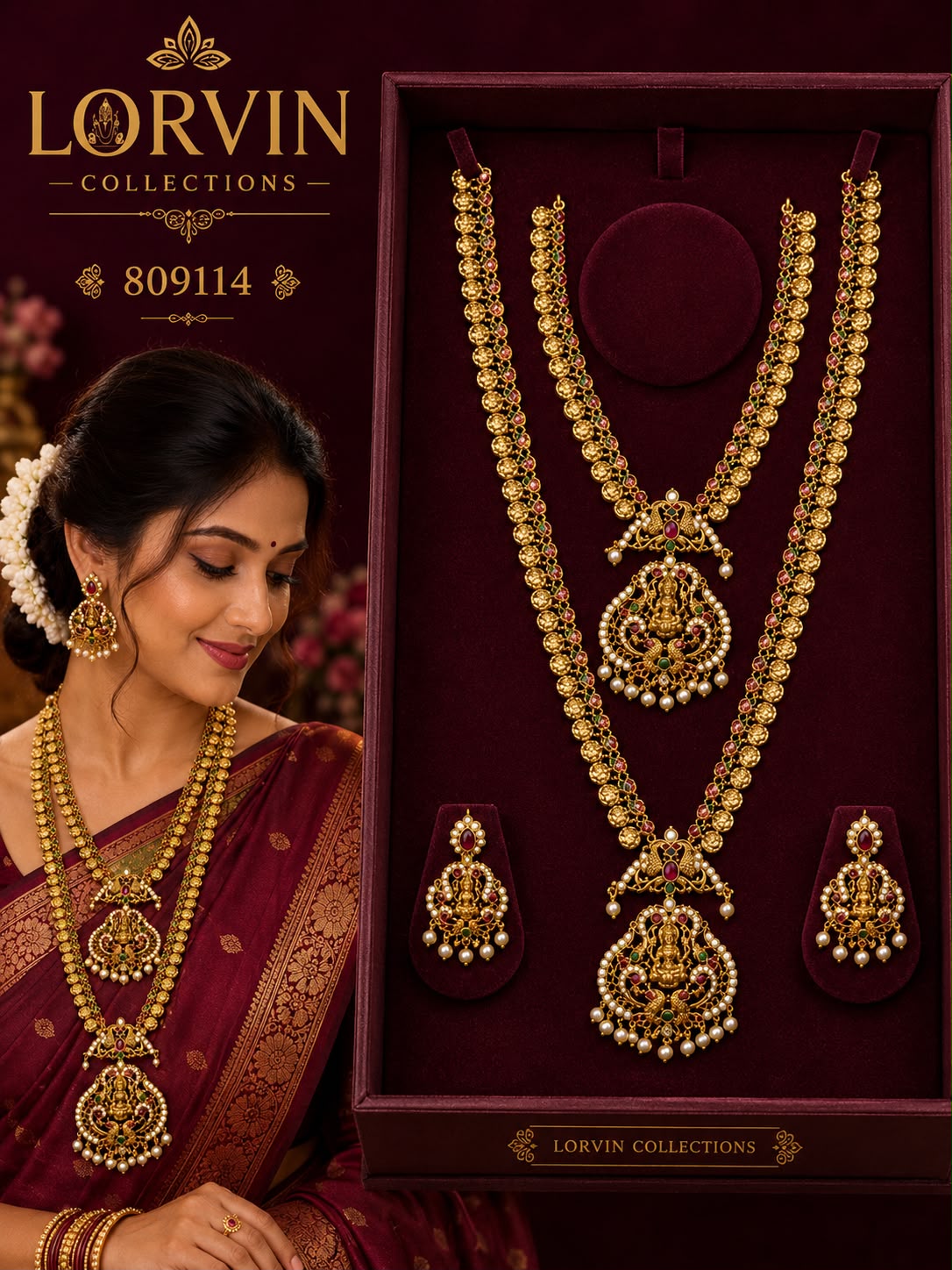 Antique Gold Lakshmi Devi Layered Necklace Set - 809114