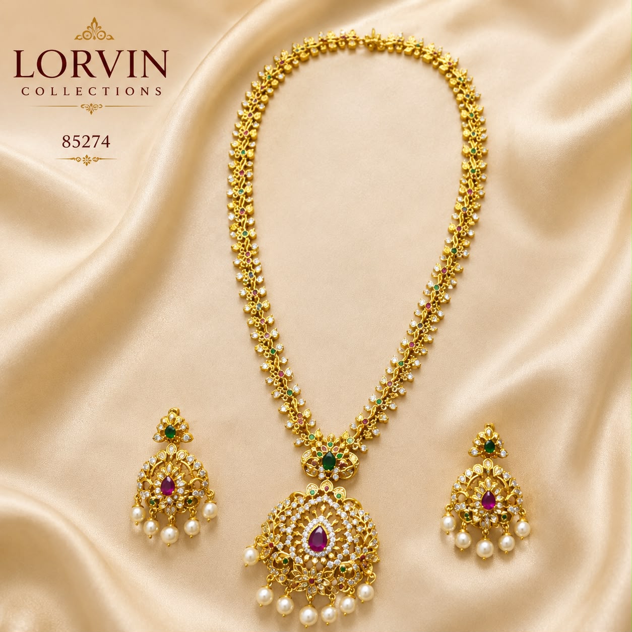 Antique Gold CZ Floral Vine Necklace Set – 85274