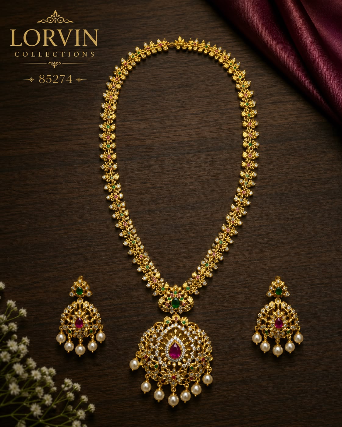 Antique Gold CZ Floral Vine Necklace Set – 85274