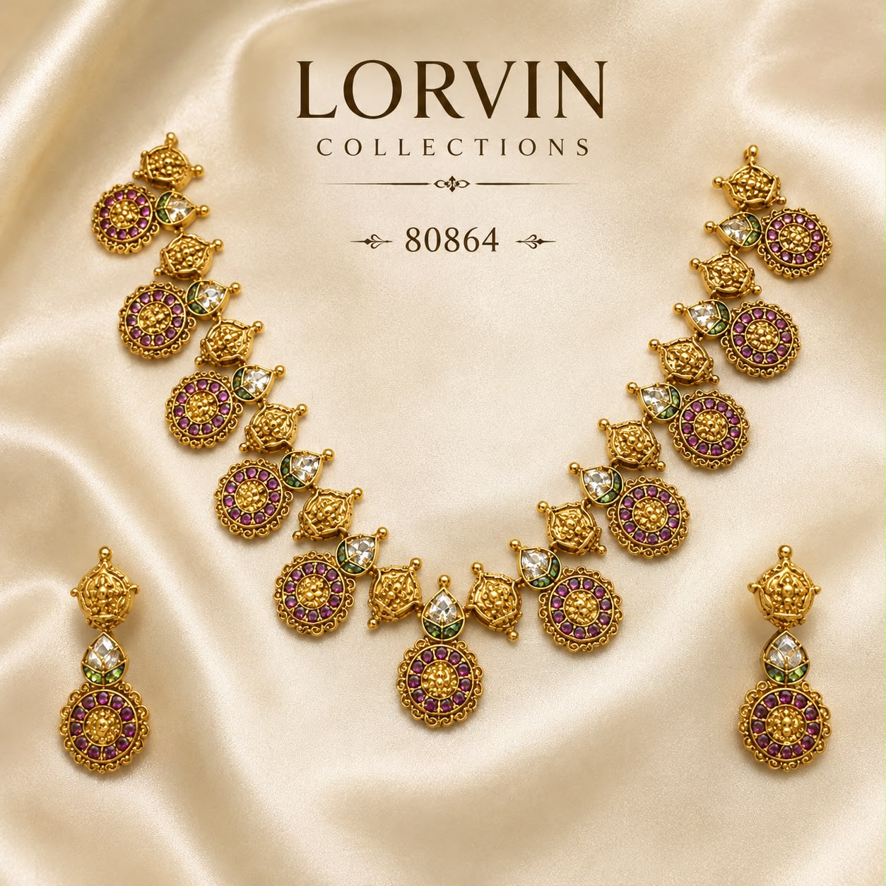 Antique Gold Ruby Round Motif Choker Set – 80864