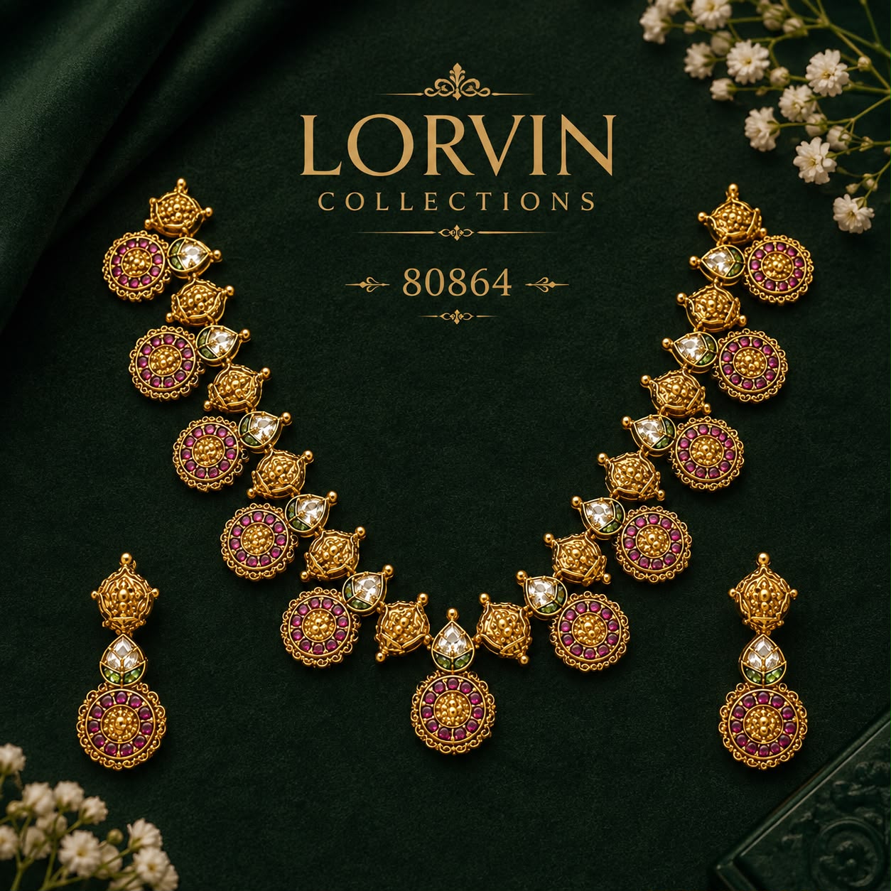 Antique Gold Ruby Round Motif Choker Set – 80864