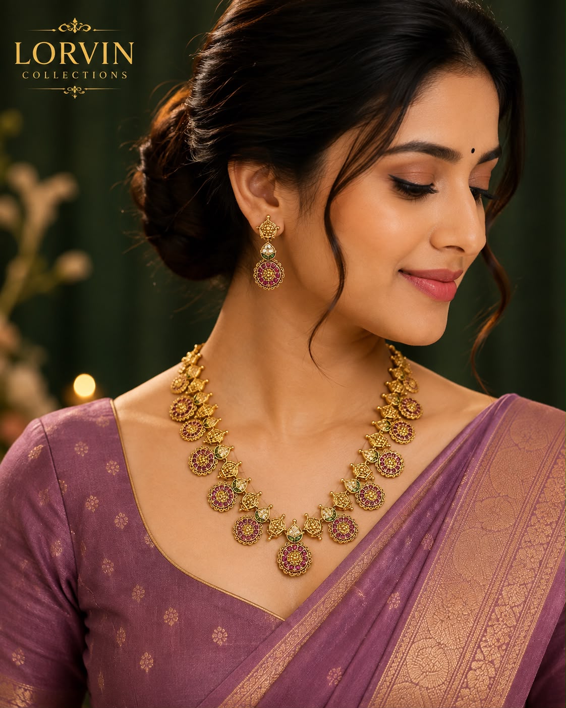 Antique Gold Ruby Round Motif Choker Set – 80864