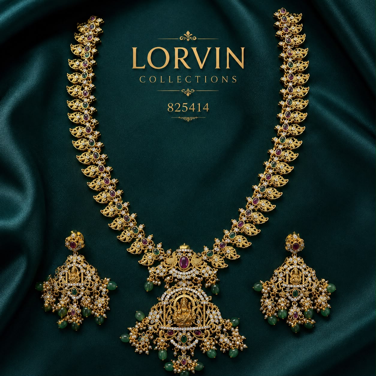 Antique Gold Lakshmi Mango Leaf Necklace Set – 825414