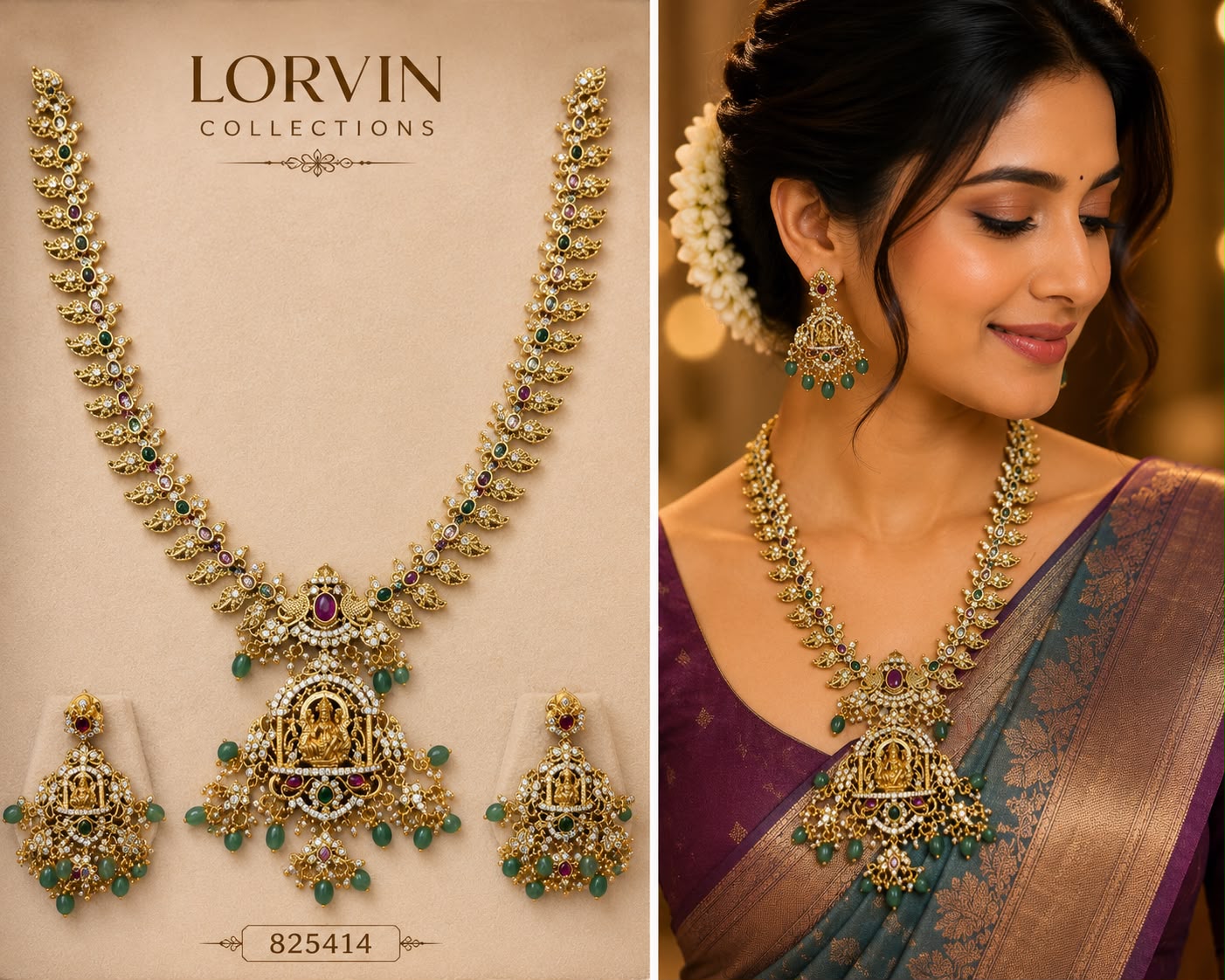 Antique Gold Lakshmi Mango Leaf Necklace Set – 825414