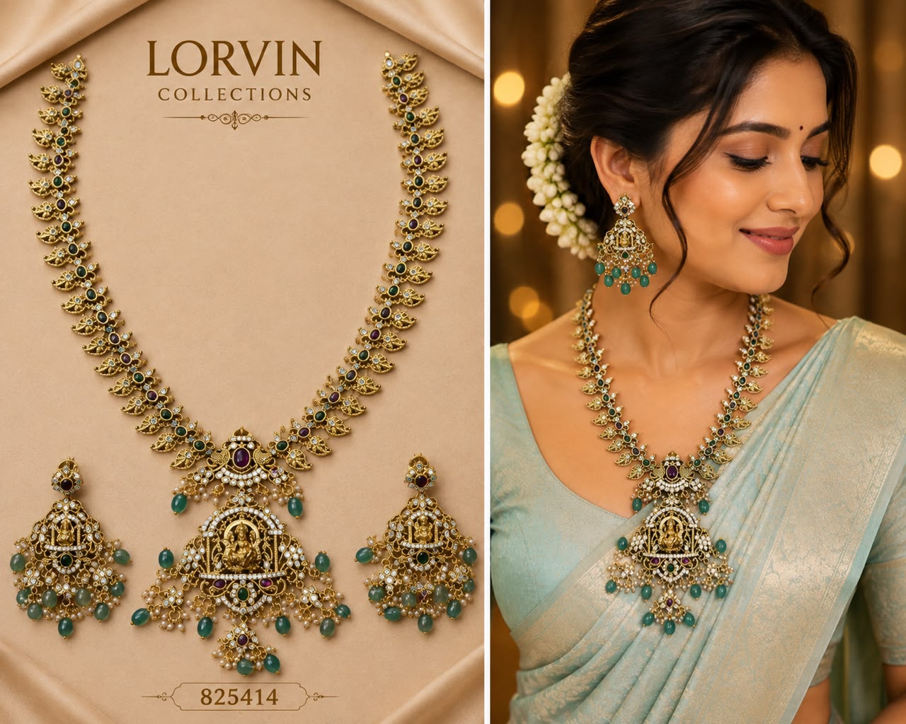 Antique Gold Lakshmi Mango Leaf Necklace Set – 825414