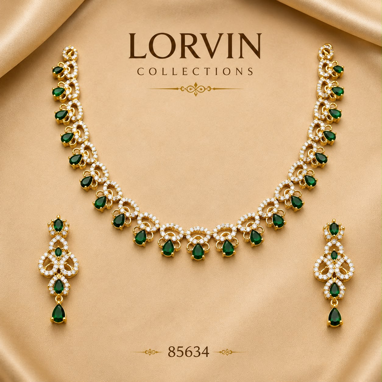 Emerald CZ Floral Link Necklace Set – 85634