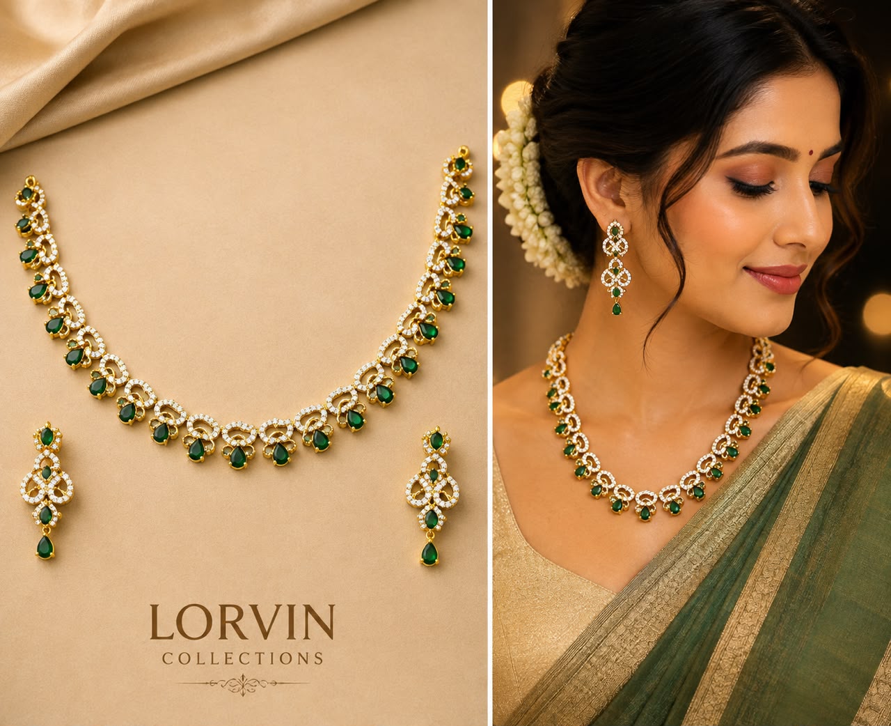 Emerald CZ Floral Link Necklace Set – 85634