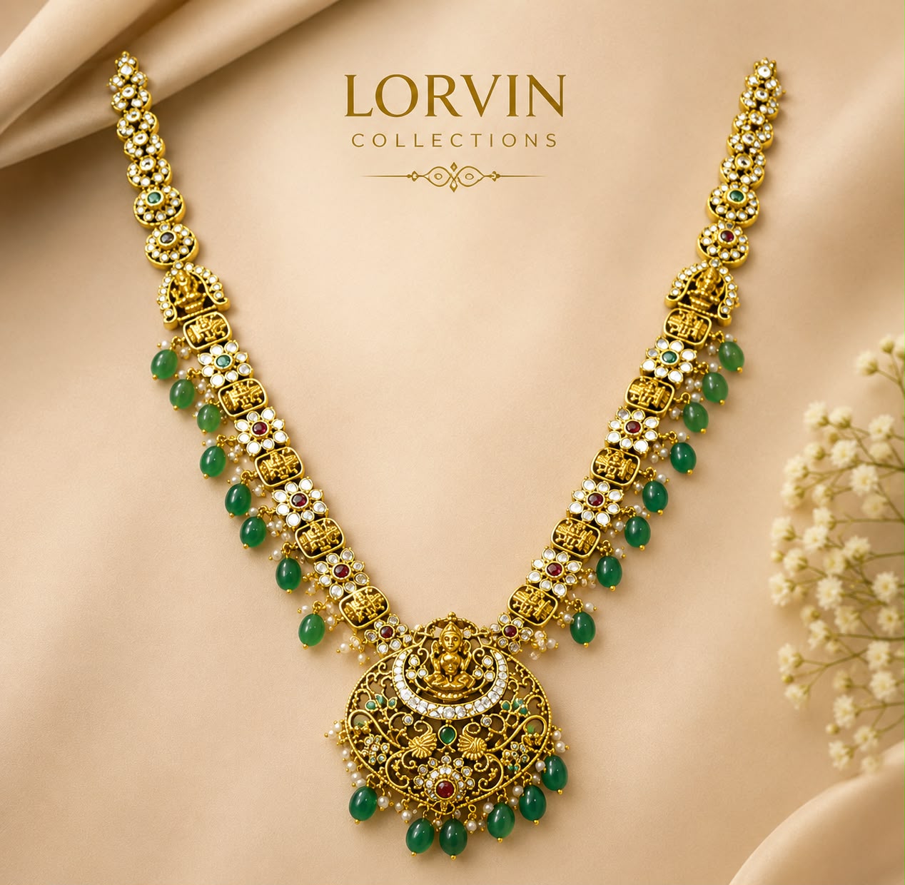 Antique Gold Lakshmi Emerald Drop Necklace Set – 824114