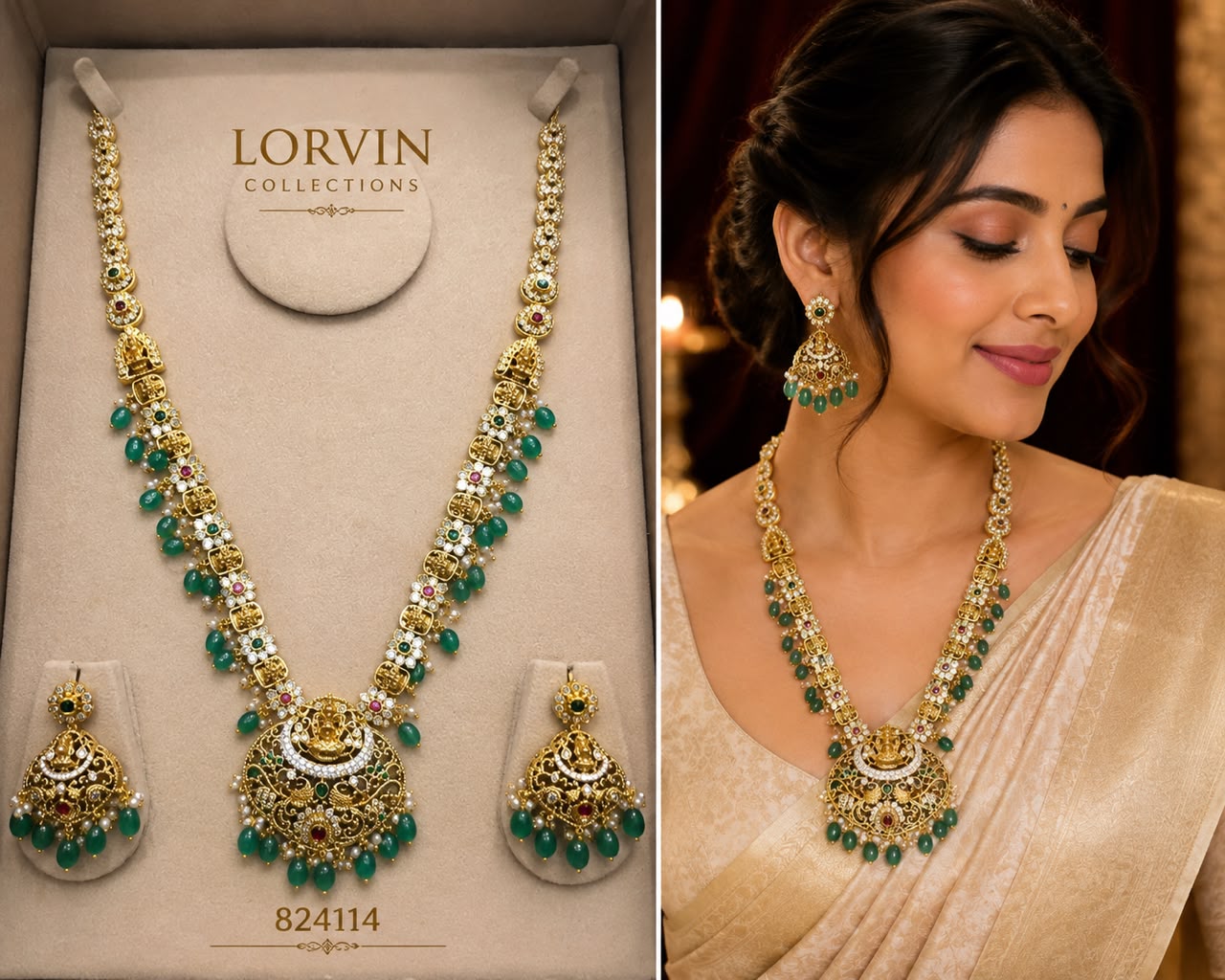 Antique Gold Lakshmi Emerald Drop Necklace Set – 824114