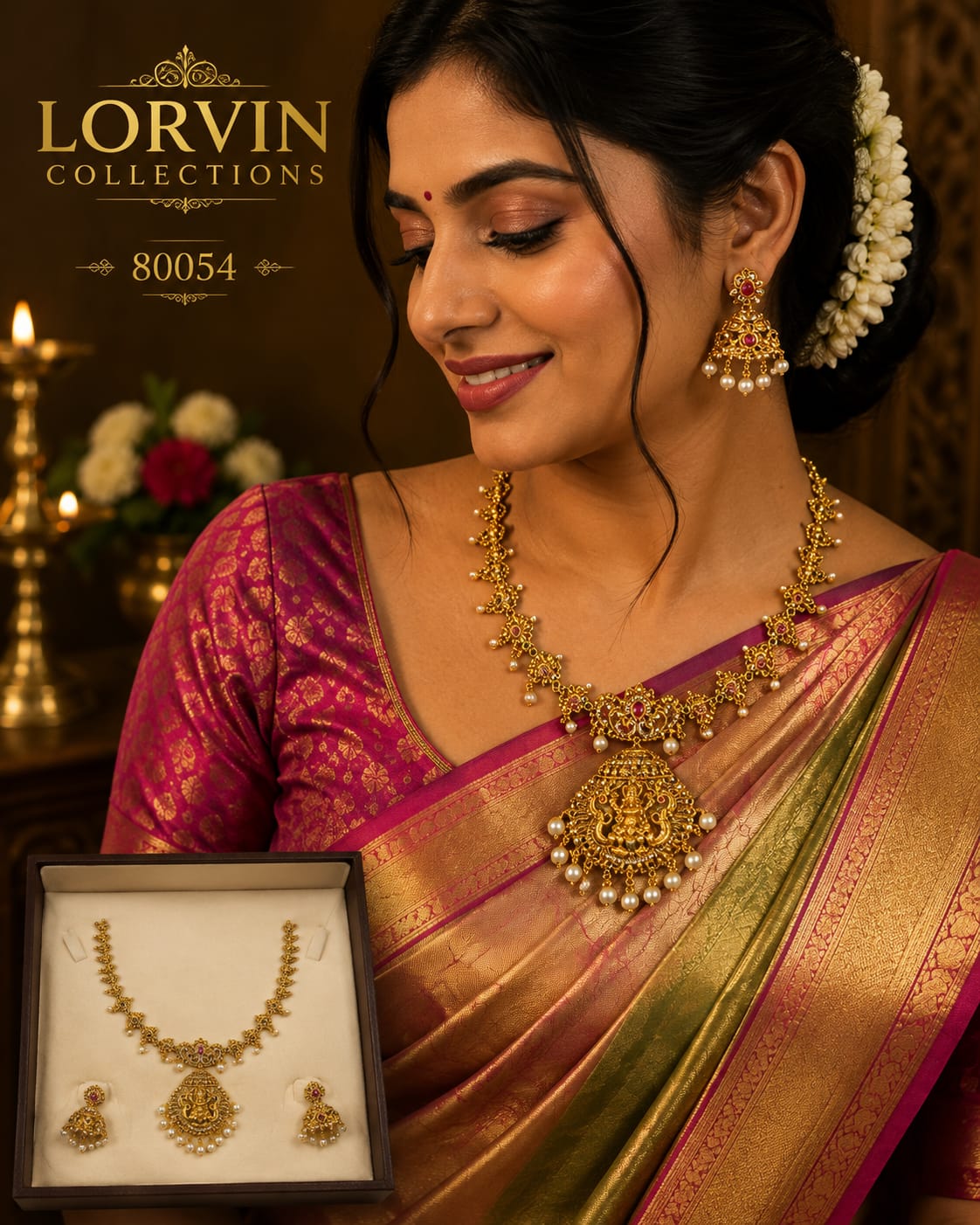 Antique Gold Lakshmi Floral Necklace Set – 80054
