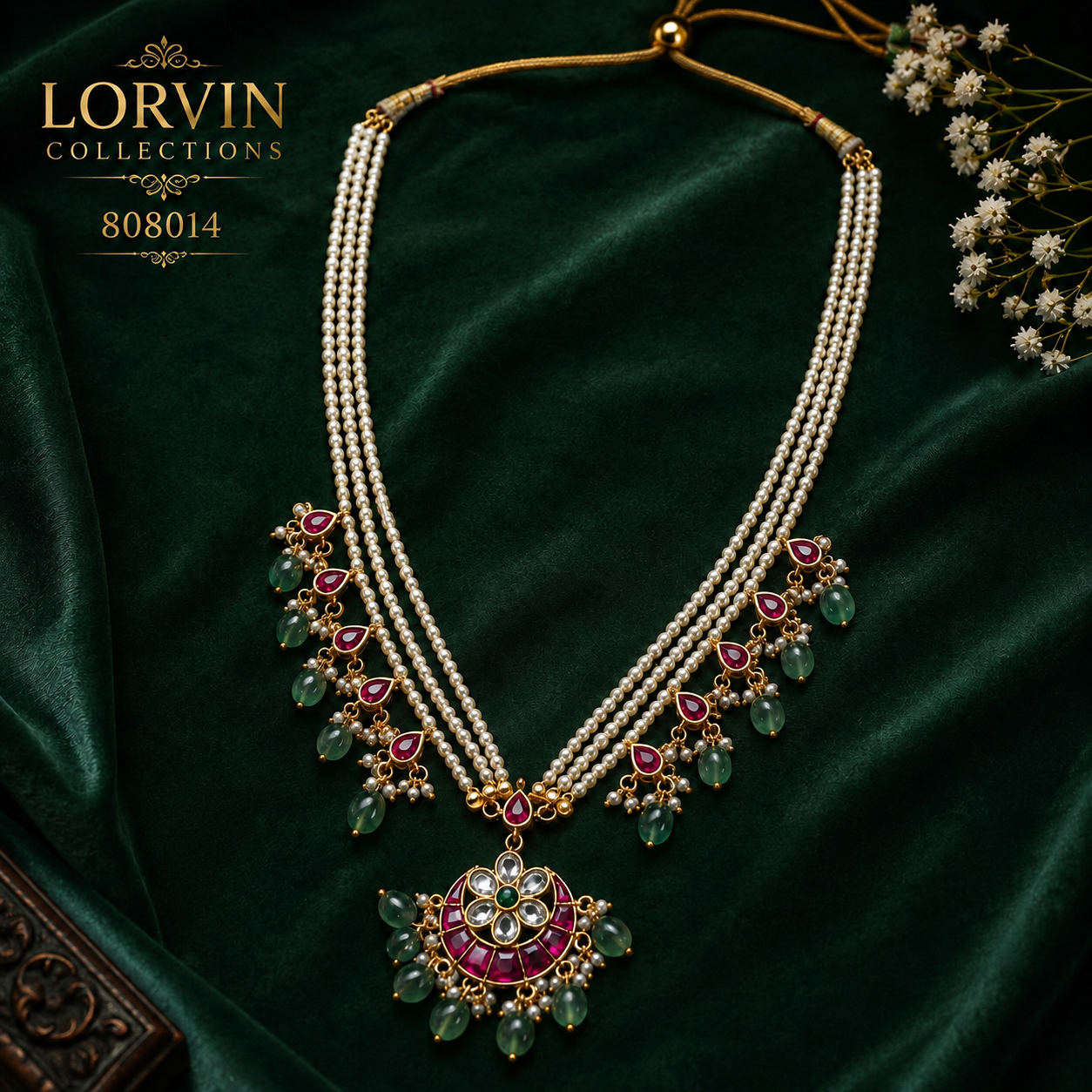 Kundan Ruby Pearl Beaded Necklace Set – 808014