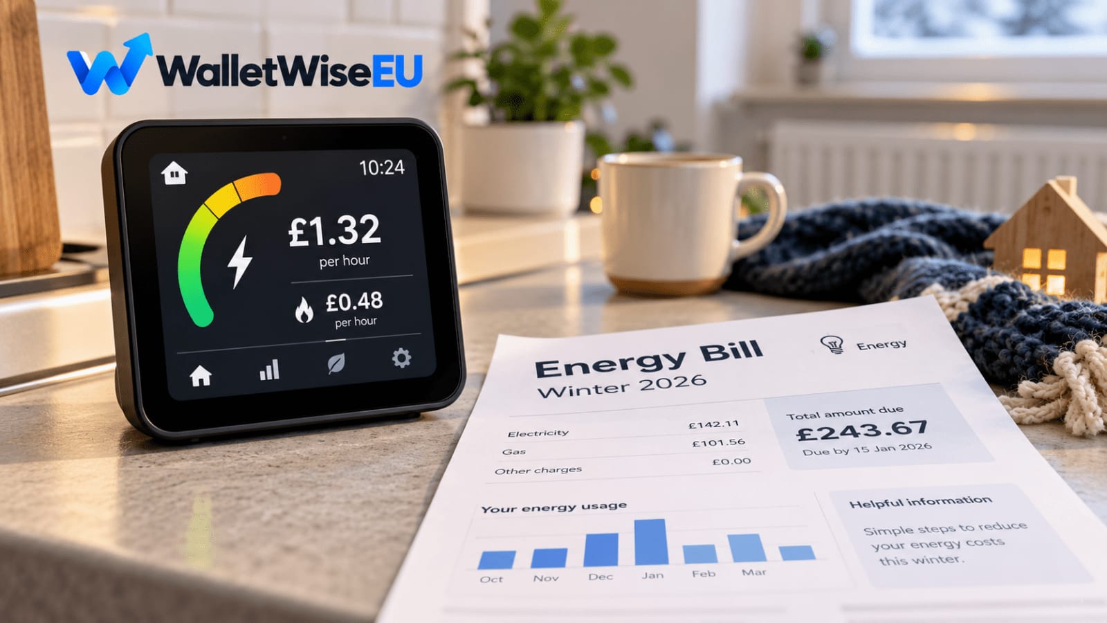 UK energy meter on a kitchen counter next to a winter heating bill, how to reduce energy bills UK winter 2026 tips
