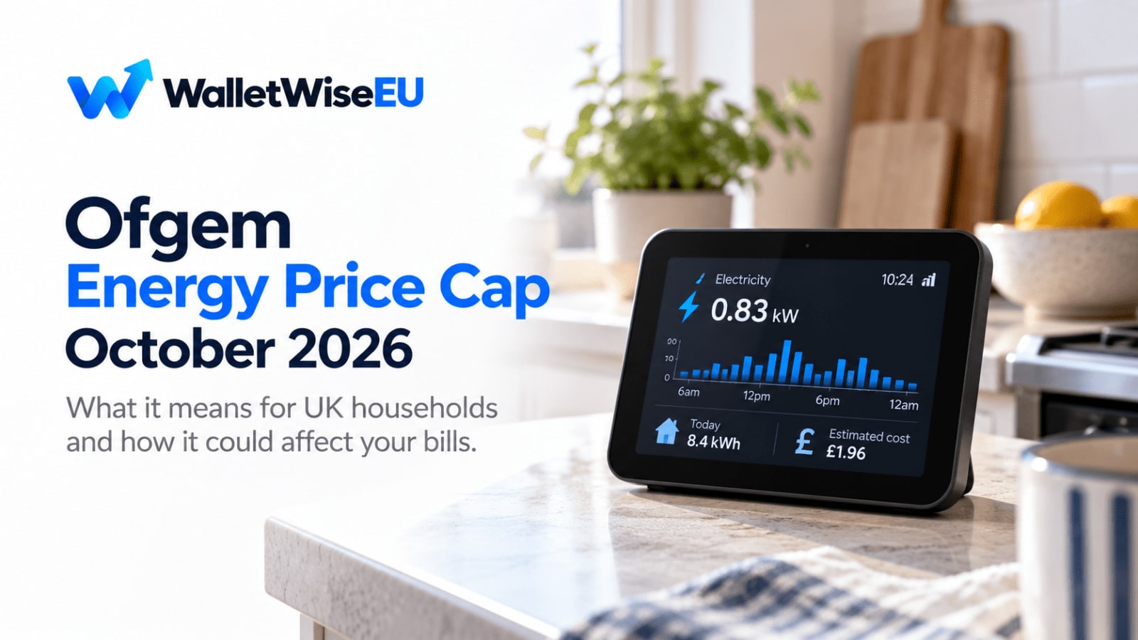 UK smart energy meter on kitchen counter showing usage, Ofgem energy price cap October 2026 explained UK