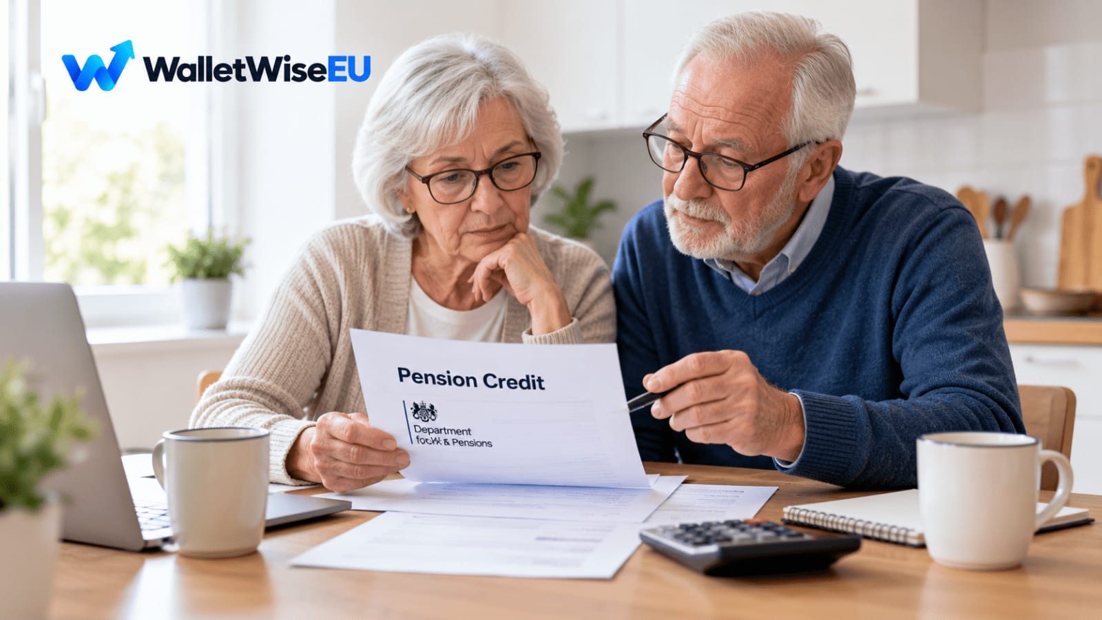 Elderly couple reviewing pension paperwork at kitchen table, how to claim pension credit UK 2026