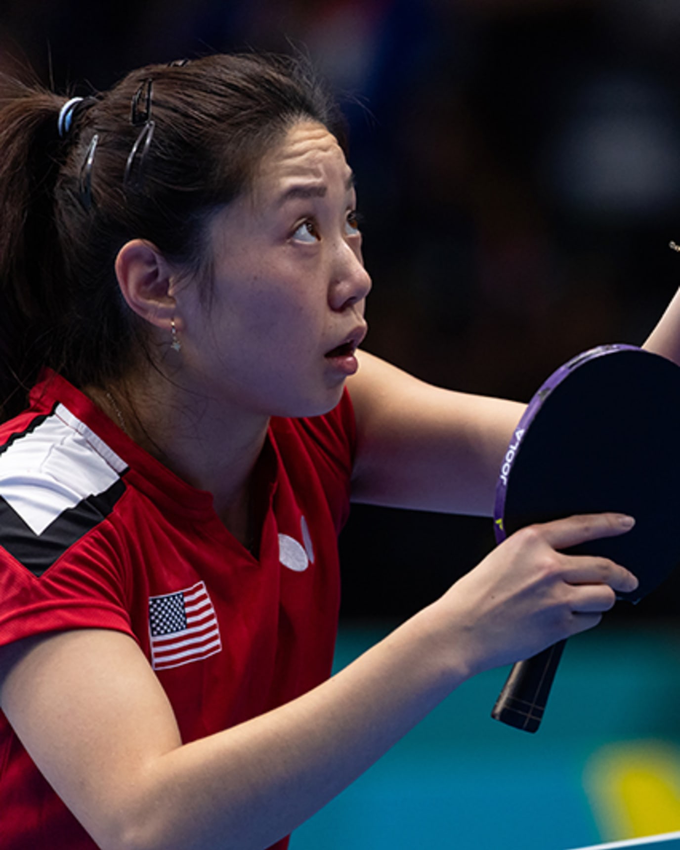 Lily Zhang preparing a table tennis serve