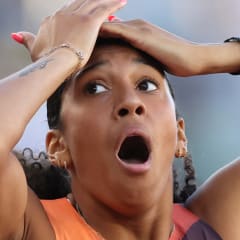 Juliette Whittaker reacts in the women's 800 meter final on Day Four of the 2024 U.S. Olympic Team Track & Field Trials at Hayward Field on June 24, 2024 in Eugene, Oregon.