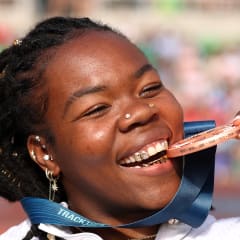 Veronica Fraley poses with the bronze medal after placing third in the women's discus throw final on Day Seven of the 2024 U.S. Olympic Team Track & Field Trials at Hayward Field on June 27, 2024 in Eugene, Oregon.