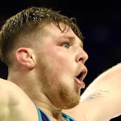 Payton Jacobson  reacts after defeating John Stefanowicz in the Greco-Roman 87-KG division during the US Olympic Wrestling Trials held at the Bryce Jordan Center on April 19, 2024 in State College, Pennsylvania.