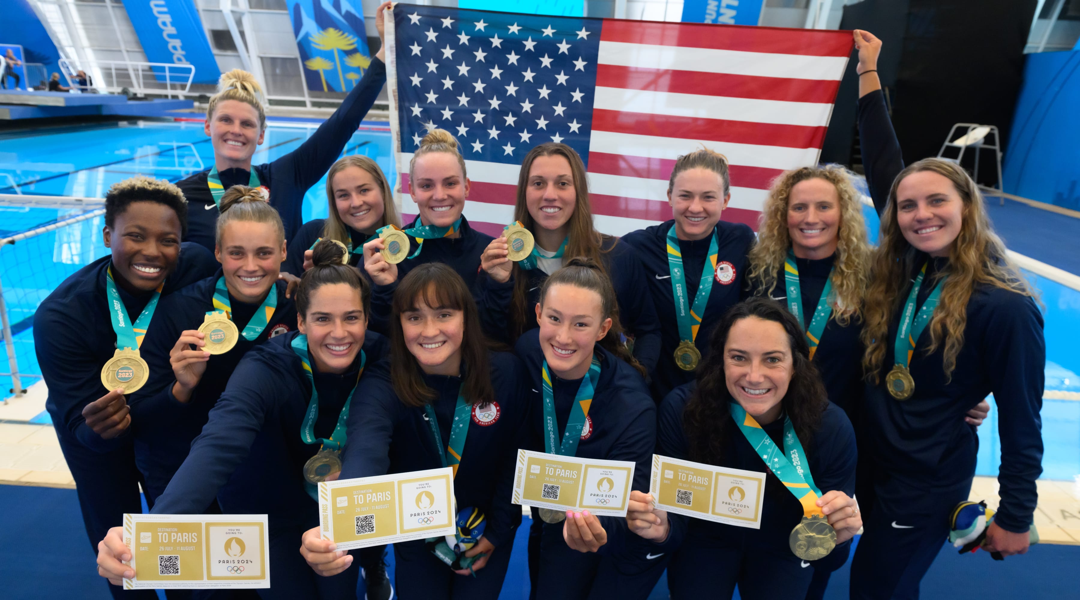 The US Women celebrating after taking Gold in Water Polo at the Santiago 2023 Pan American Games November 4, 2023 in Santiago, Chile.