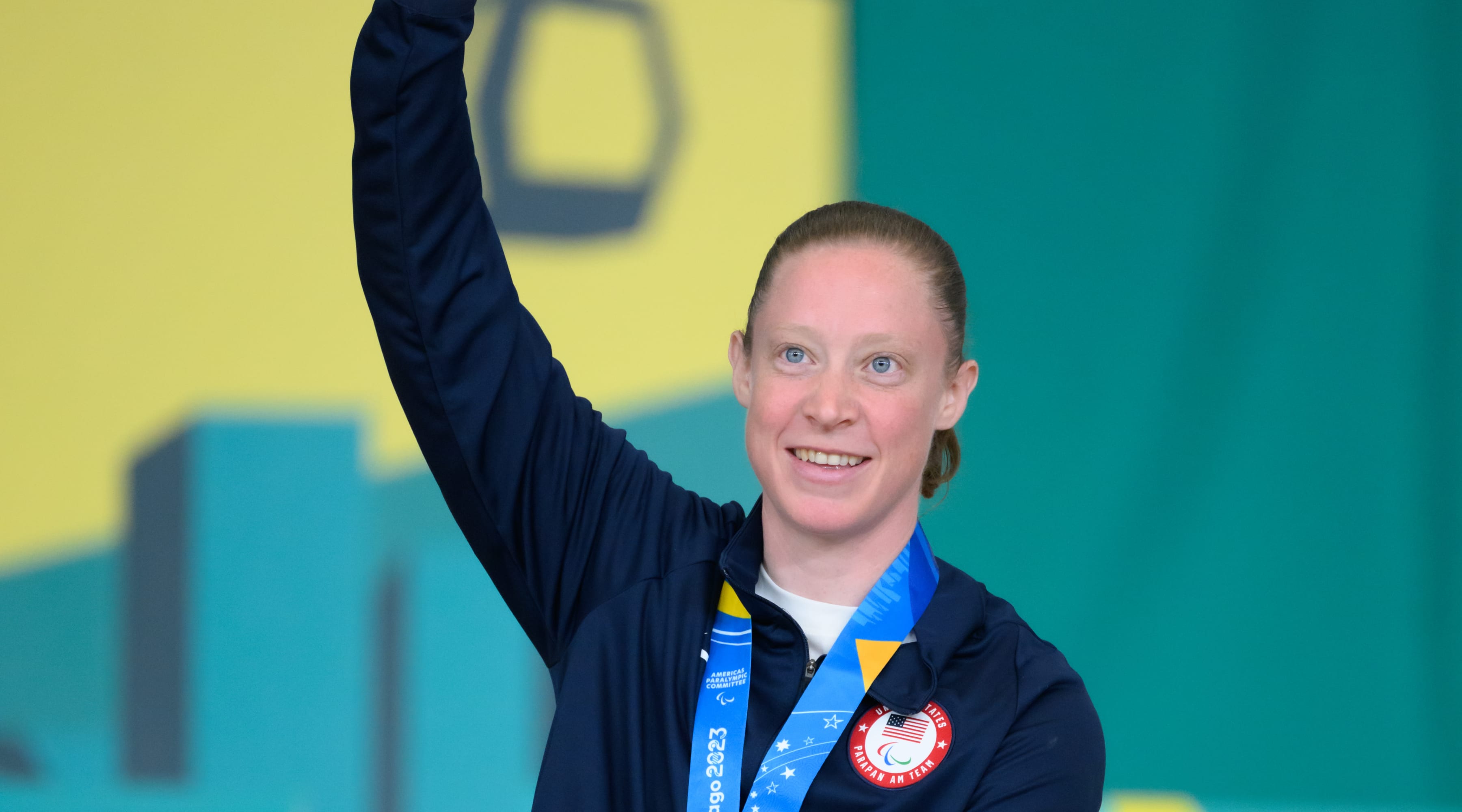 Sarah Adam of USA Wheelchair Rugby on the podium at the 2023 Parapan American Games in Santiago, Chile.