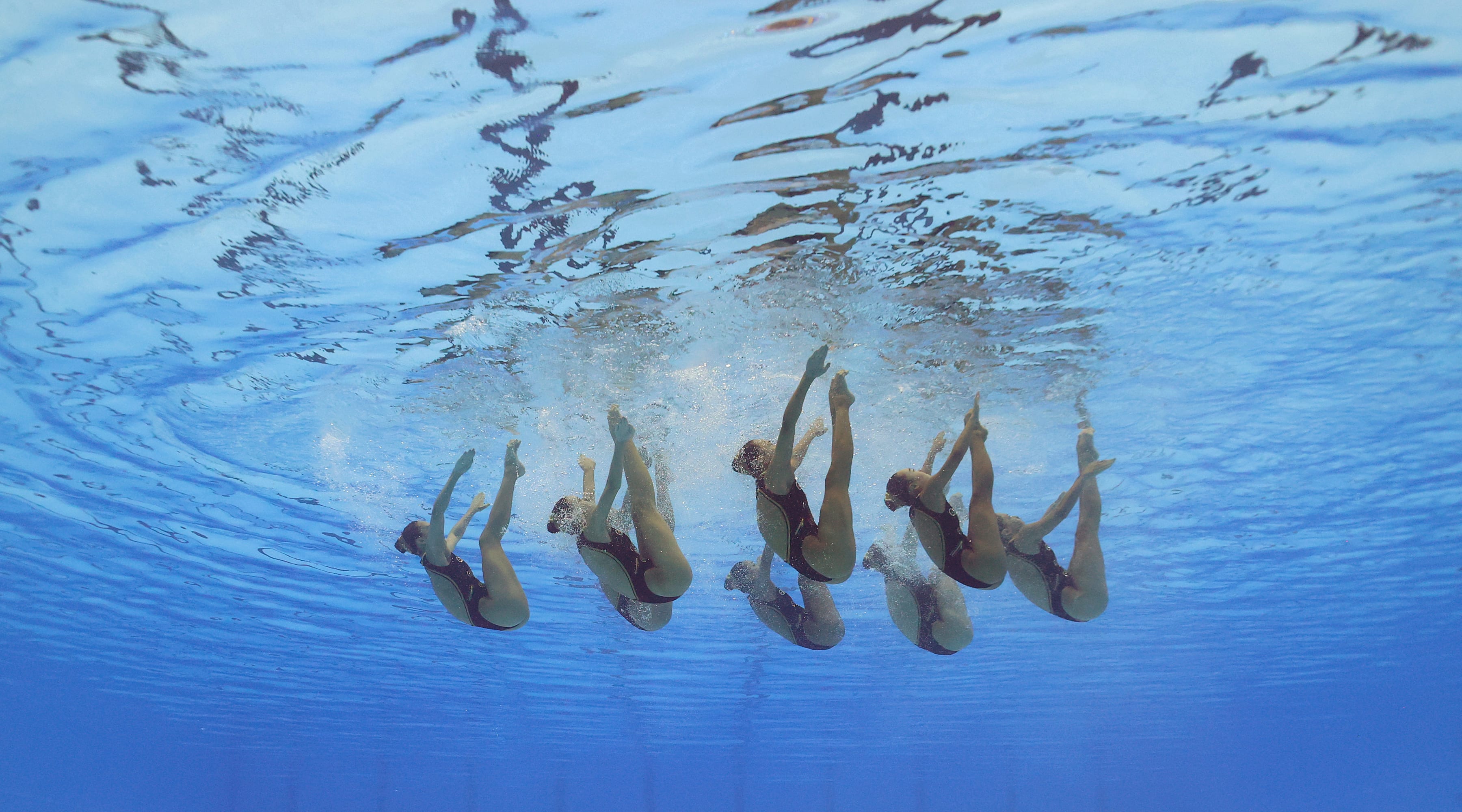 Image taken using an underwater remote camera. Members of Team United States compete in the Artistic Swimming Team Technical Final at the Fukuoka 2023 World Aquatics on July 18, 2023 in Fukuoka, Japan.